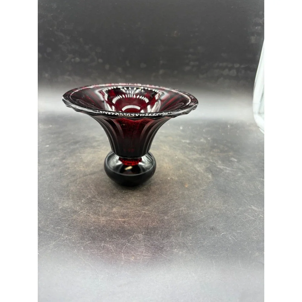 Vintage Ruby Red Glass Flared Pedestal Bowl Ribbed Centerpiece Vase